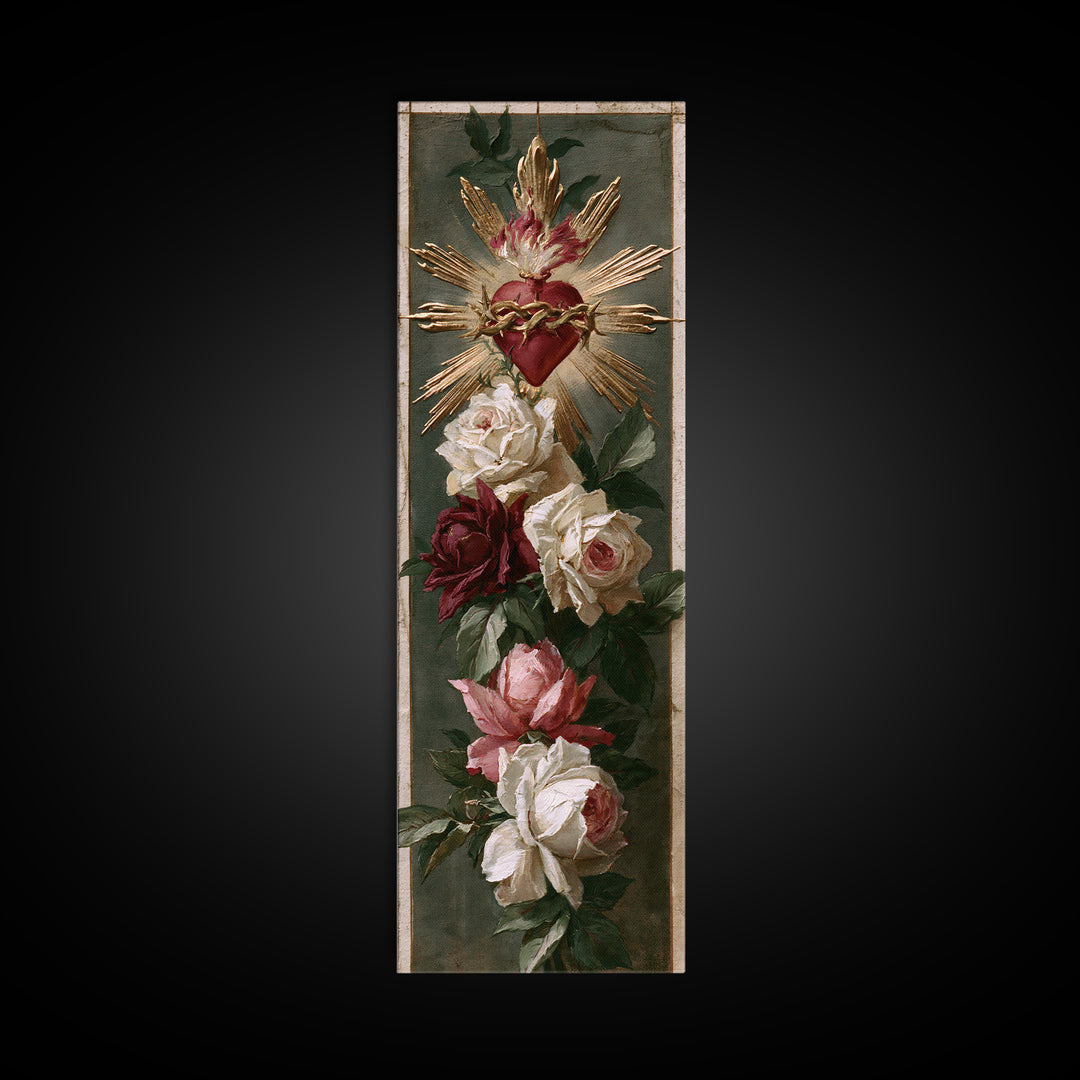 Sacred Heart with Roses and Gold Rays Canvas Print, Spiritual Art, Art Print, Living Room Decor, Spirit, Boho Wall Art, SPI-1x3-98