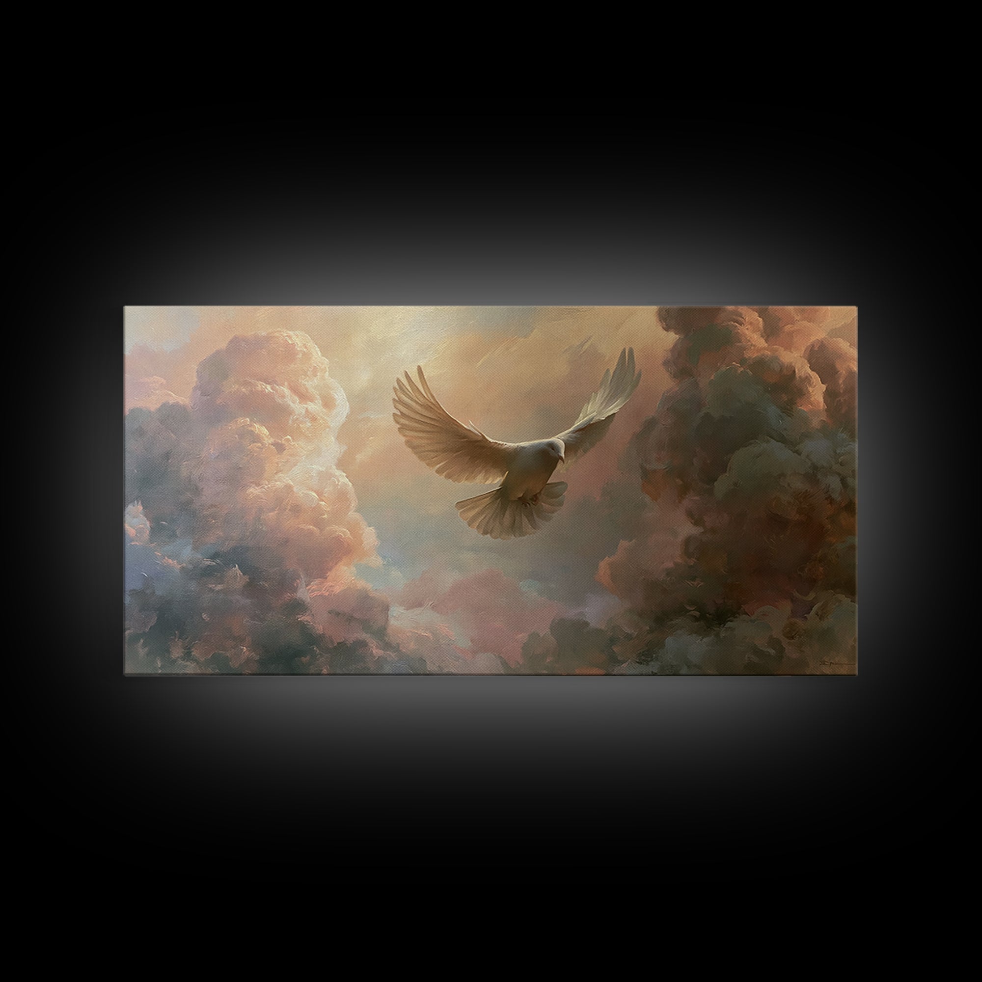 Dove Flying Through Radiant Clouds Framed Canvas Print, Spiritual Art, Funky Wall Art, Living Room Decor, Fine Art, Spirit, SPI-2x1-1