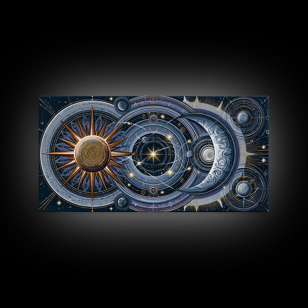 Sun and Moon Spiritual Balance Composition Framed Canvas Print, Spiritual Art, Trendy Wall Art, Living Room Decor, Spirit, SPI-2x1-100