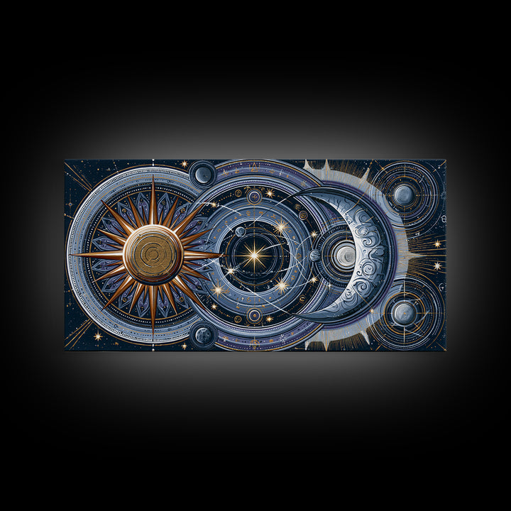 Sun and Moon Spiritual Balance Composition Framed Canvas Print, Spiritual Art, Trendy Wall Art, Living Room Decor, Spirit, SPI-2x1-100