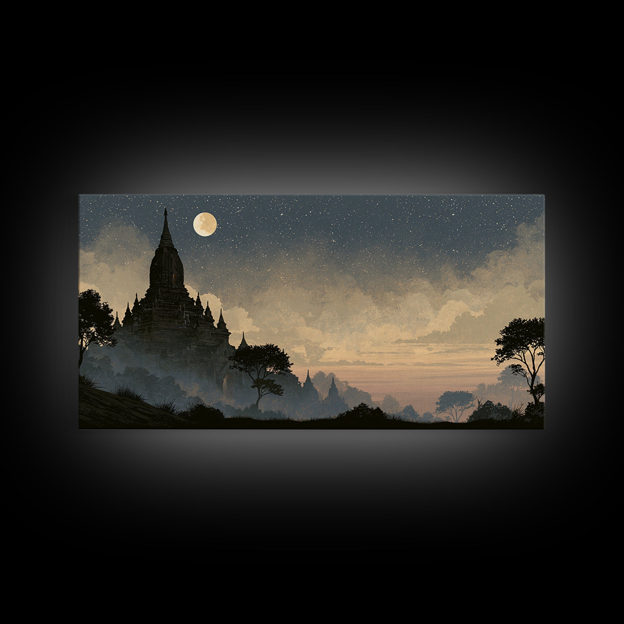 Ancient Temple Silhouette Framed Canvas Print, Spiritual Art, Living Room Decor, Watercolor Art, Spirit, Abstract Wall Art, SPI-2x1-15