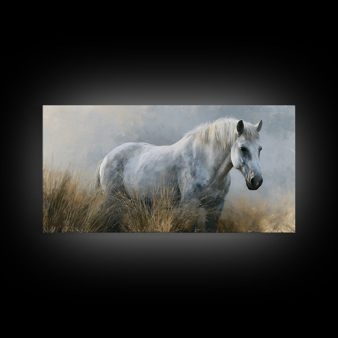 White Horse in Misty Sacred Landscape Framed Canvas Print, Spiritual Art, Art Print, Living Room Decor, Oil Painting, Spirit, SPI-2x1-30