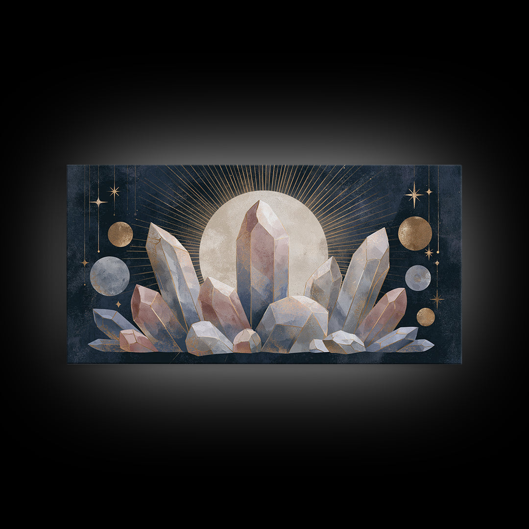 Crystal Cluster with Moonlight Reflections Framed Canvas Print, Spiritual Art, Digital Print, Living Room Decor, Spirit, SPI-2x1-33