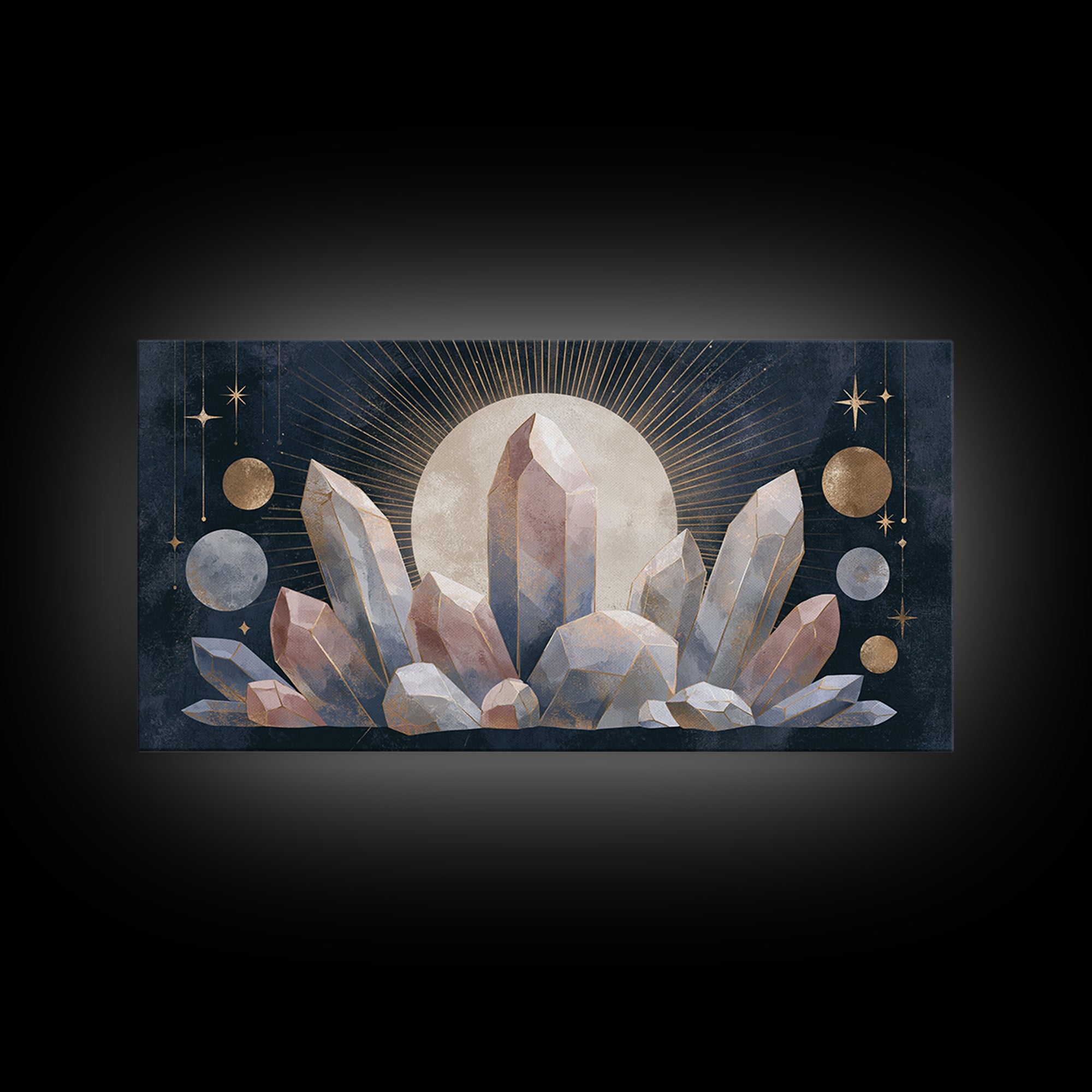Crystal Cluster with Moonlight Reflections Framed Canvas Print, Spiritual Art, Digital Print, Living Room Decor, Spirit, SPI-2x1-33