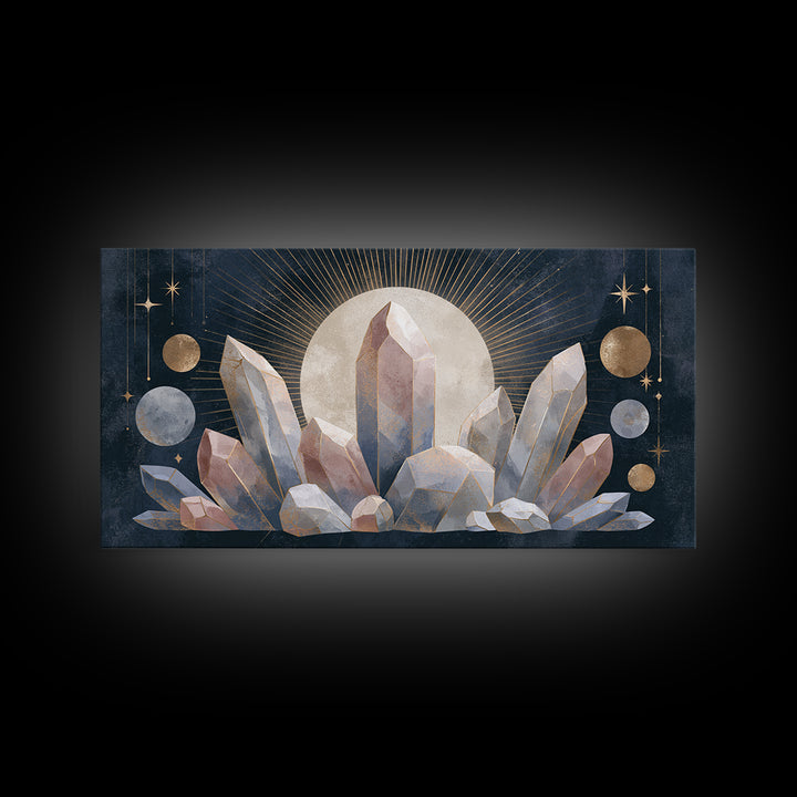 Crystal Cluster with Moonlight Reflections Framed Canvas Print, Spiritual Art, Digital Print, Living Room Decor, Spirit, SPI-2x1-33