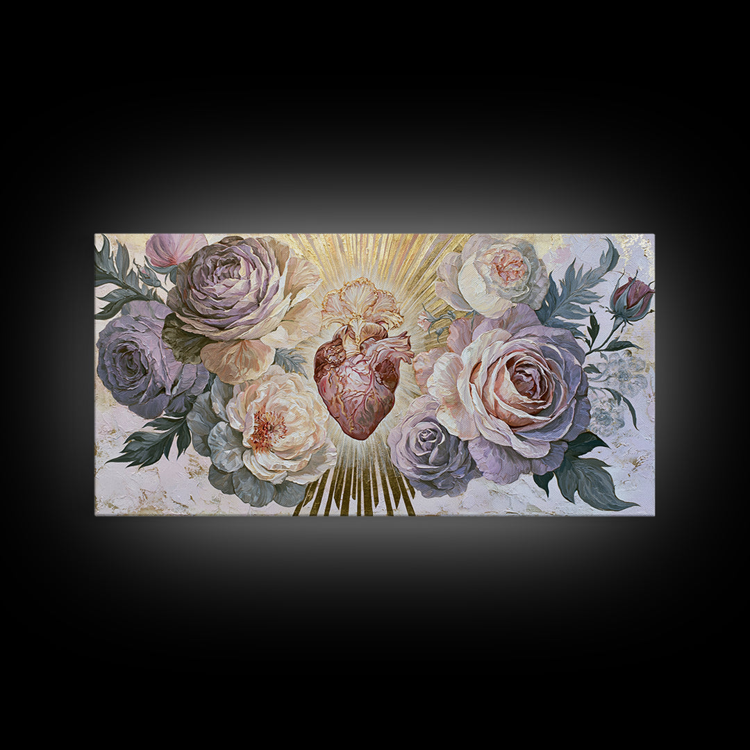 Sacred Heart with Roses and Gold Rays Canvas Print, Spiritual Art, Framed Wall Art, Living Room Decor, Fine Art, Spirit, SPI-2x1-58