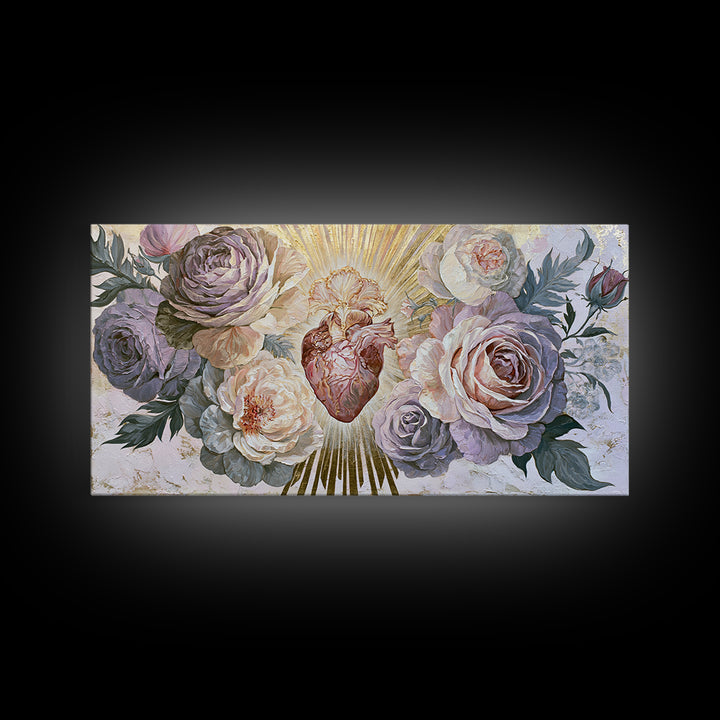 Sacred Heart with Roses and Gold Rays Canvas Print, Spiritual Art, Framed Wall Art, Living Room Decor, Fine Art, Spirit, SPI-2x1-58