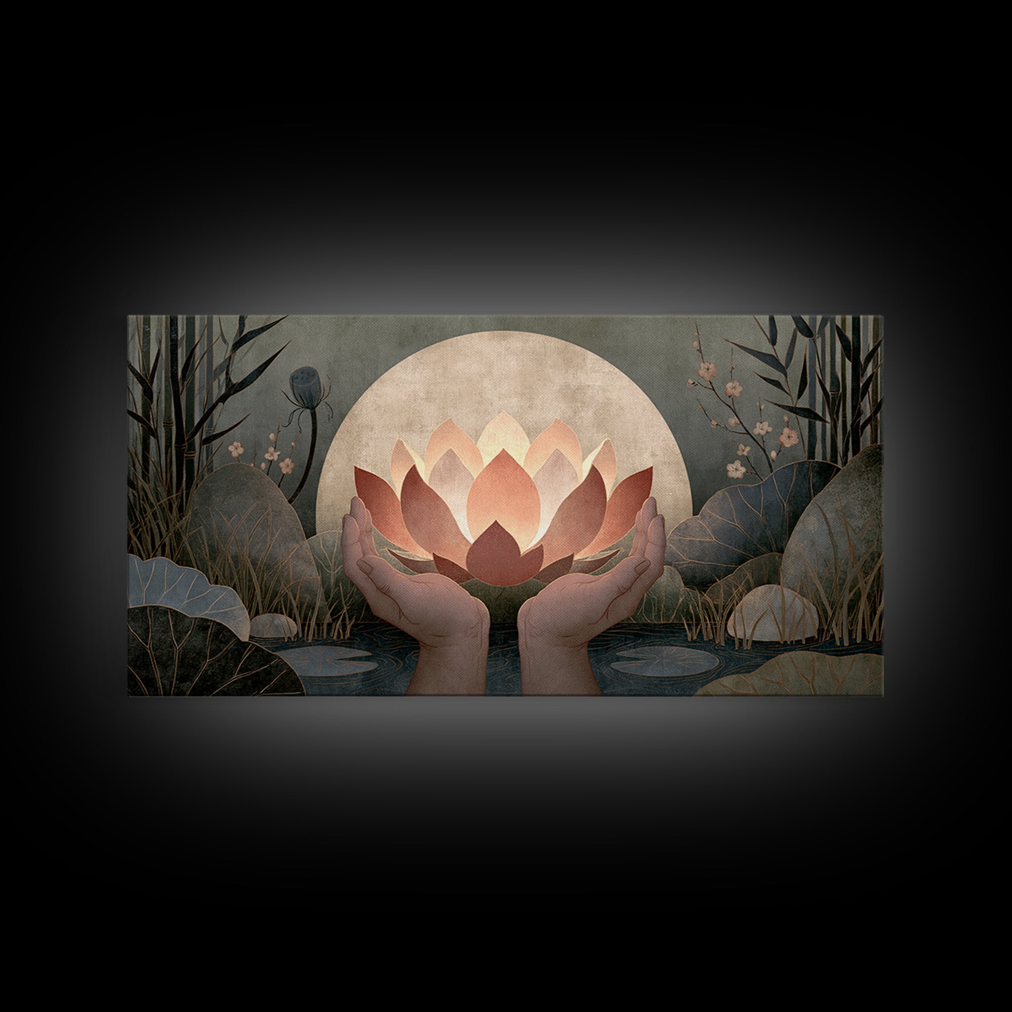 Hands Holding a Glowing Lotus Canvas Print, Spiritual Art, Neutral Decor, Living Room Decor, Abstract Art, Spirit, Wall Decor, SPI-2x1-71