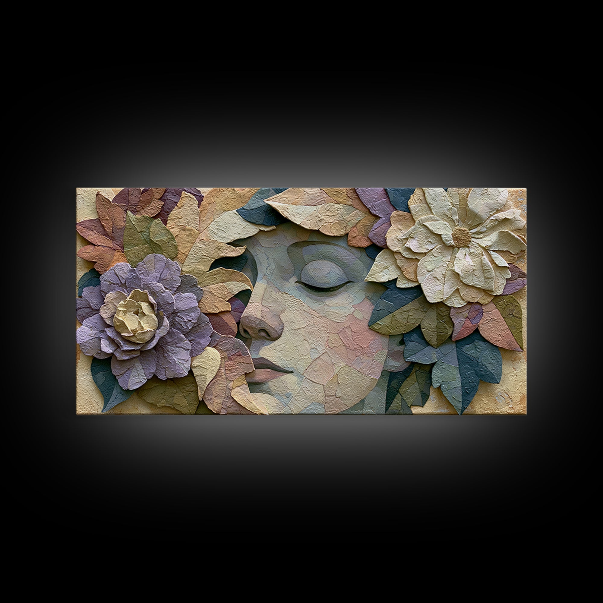 Serene Face with Closed Eyes and Flowers Framed Canvas Print, Spiritual Art, Abstract Wall Art, Living Room Decor, Oil Painting, SPI-2x1-80