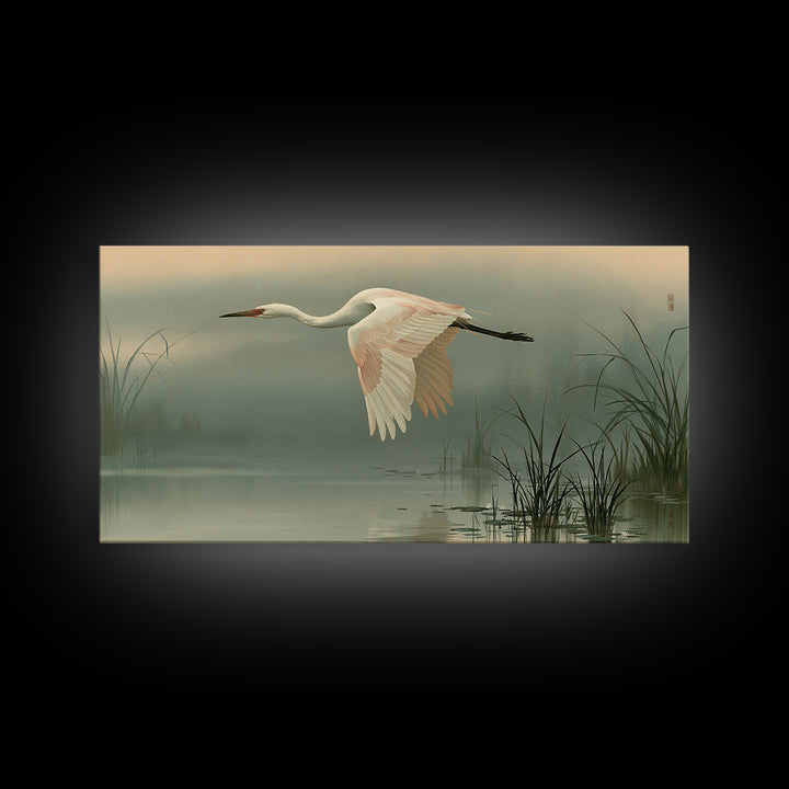 White Crane Flying Framed Canvas Print, Spiritual Art, Black Art, Living Room Decor, Fine Art, Spirit, Christian Decor, SPI-2x1-92