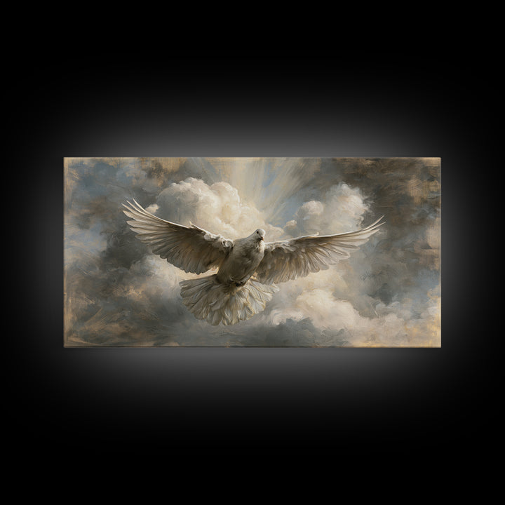 Dove Flying Through Radiant Clouds Framed Canvas Print, Spiritual Art, Modern Decor, Living Room Decor, Fine Art, Spirit, SPI-2x1-97