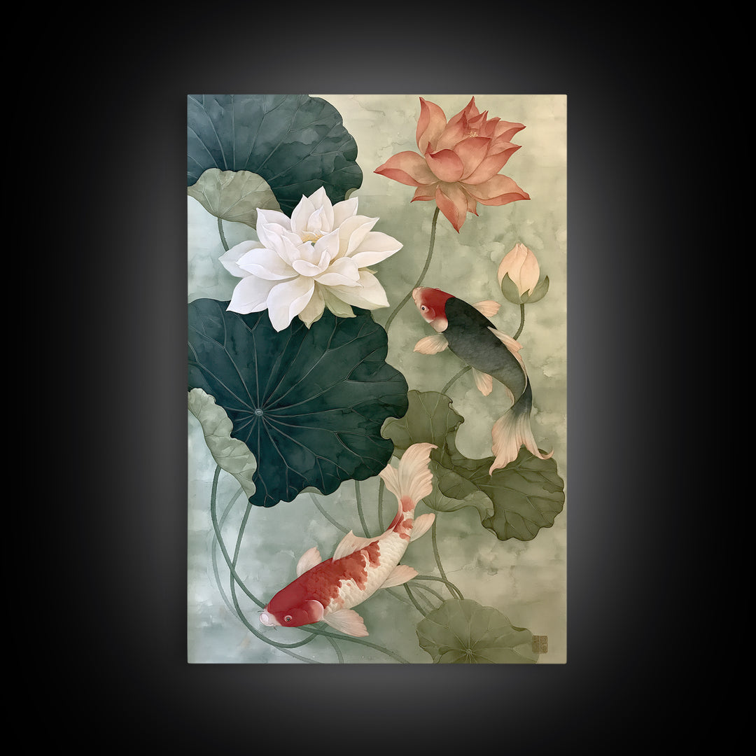 Lotus and Koi Framed Canvas Print, Spiritual Art, Digital Art, Living Room Decor, Abstract Art, Spirit, Funky Wall Art, SPI-2x3-2