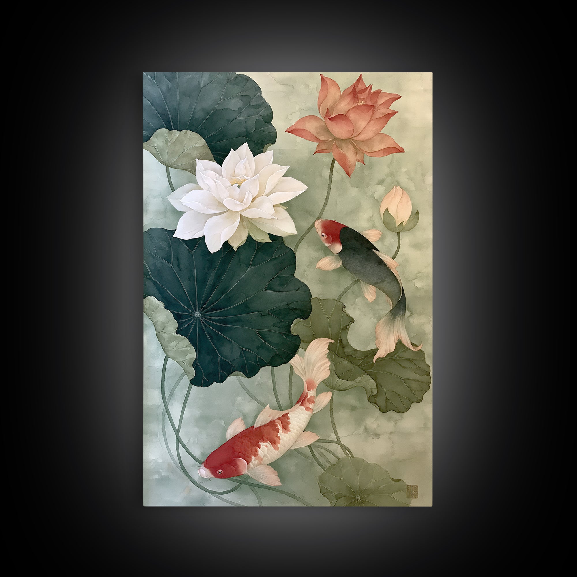 Lotus and Koi Framed Canvas Print, Spiritual Art, Digital Art, Living Room Decor, Abstract Art, Spirit, Funky Wall Art, SPI-2x3-2