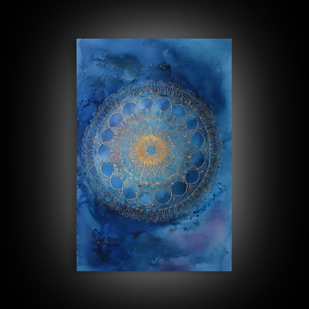 Gold Mandala on Deep Blue Background Framed Canvas Print, Spiritual Art, Digital Prints, Living Room Decor, Watercolor Art, SPI-2x3-36