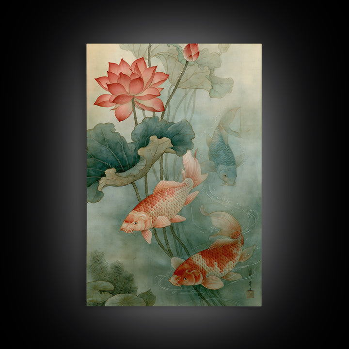 Lotus and Koi Canvas Print, Spiritual Art, Framed Wall Art, Living Room Decor, Fine Art, Spirit, Digital Poster, SPI-2x3-50