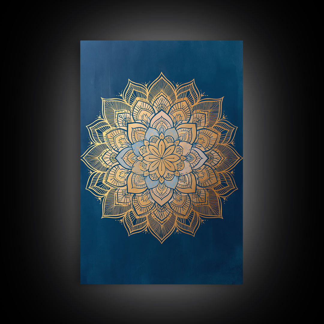 Gold Mandala on Deep Blue Background Framed Canvas Print, Spiritual Art, Christian Decor, Living Room Decor, Fine Art, Spirit, SPI-2x3-60
