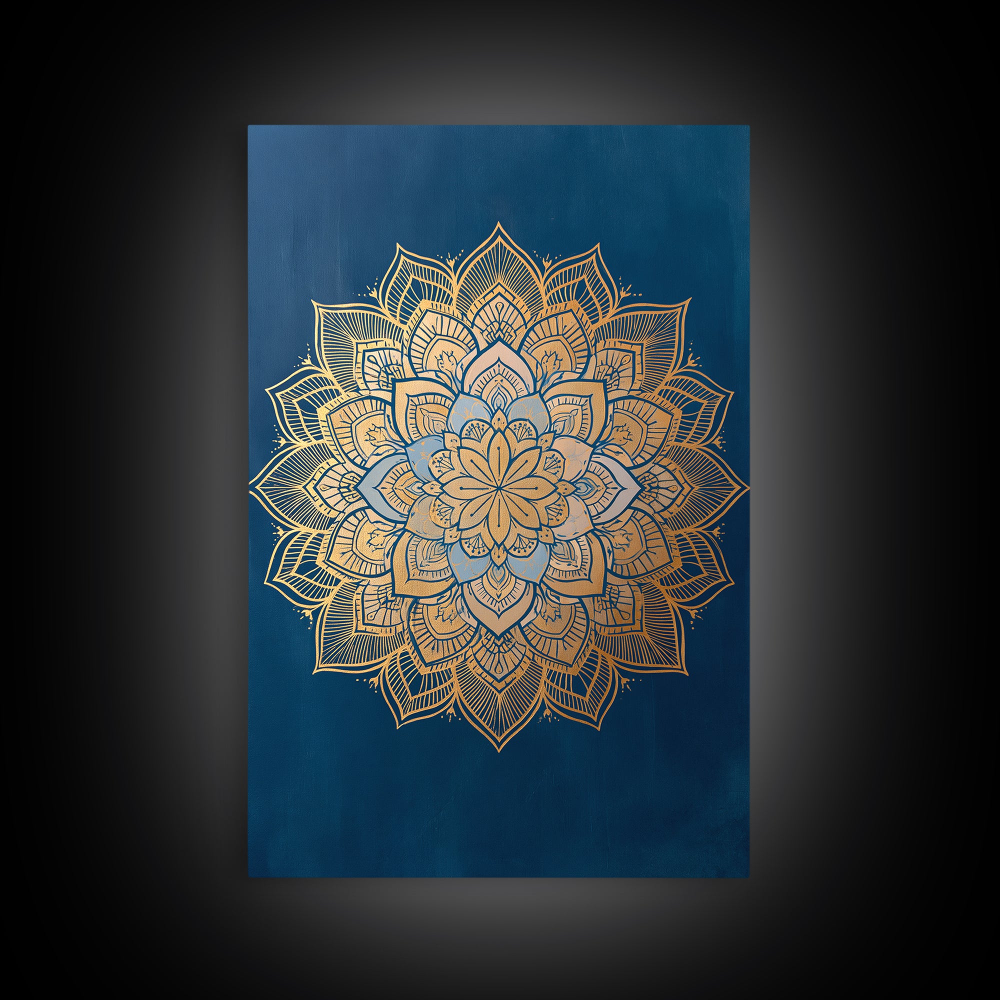 Gold Mandala on Deep Blue Background Framed Canvas Print, Spiritual Art, Christian Decor, Living Room Decor, Fine Art, Spirit, SPI-2x3-60