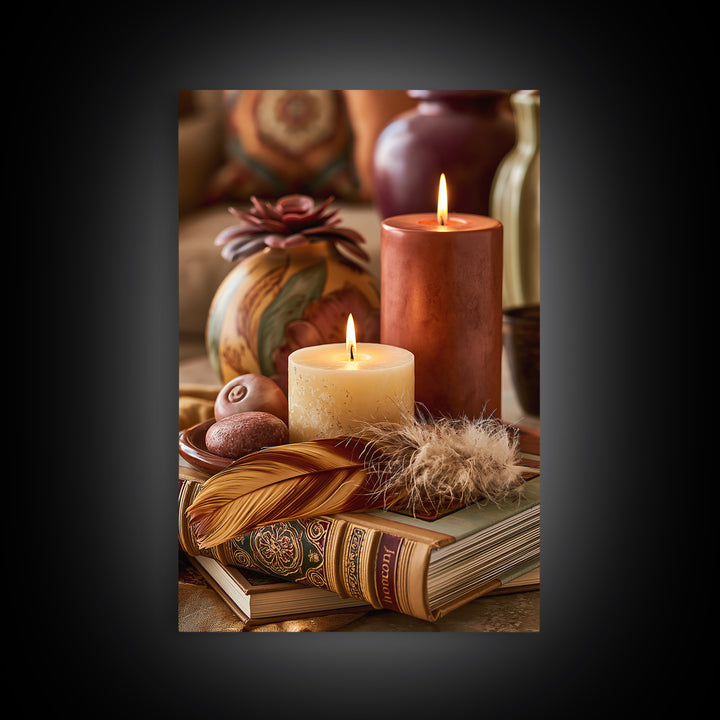 Candle and Feather Still Life Framed Canvas Print, Spiritual Art, Art, Living Room Decor, Fine Art, Spirit, Canvas Wall Art, SPI-2x3-76