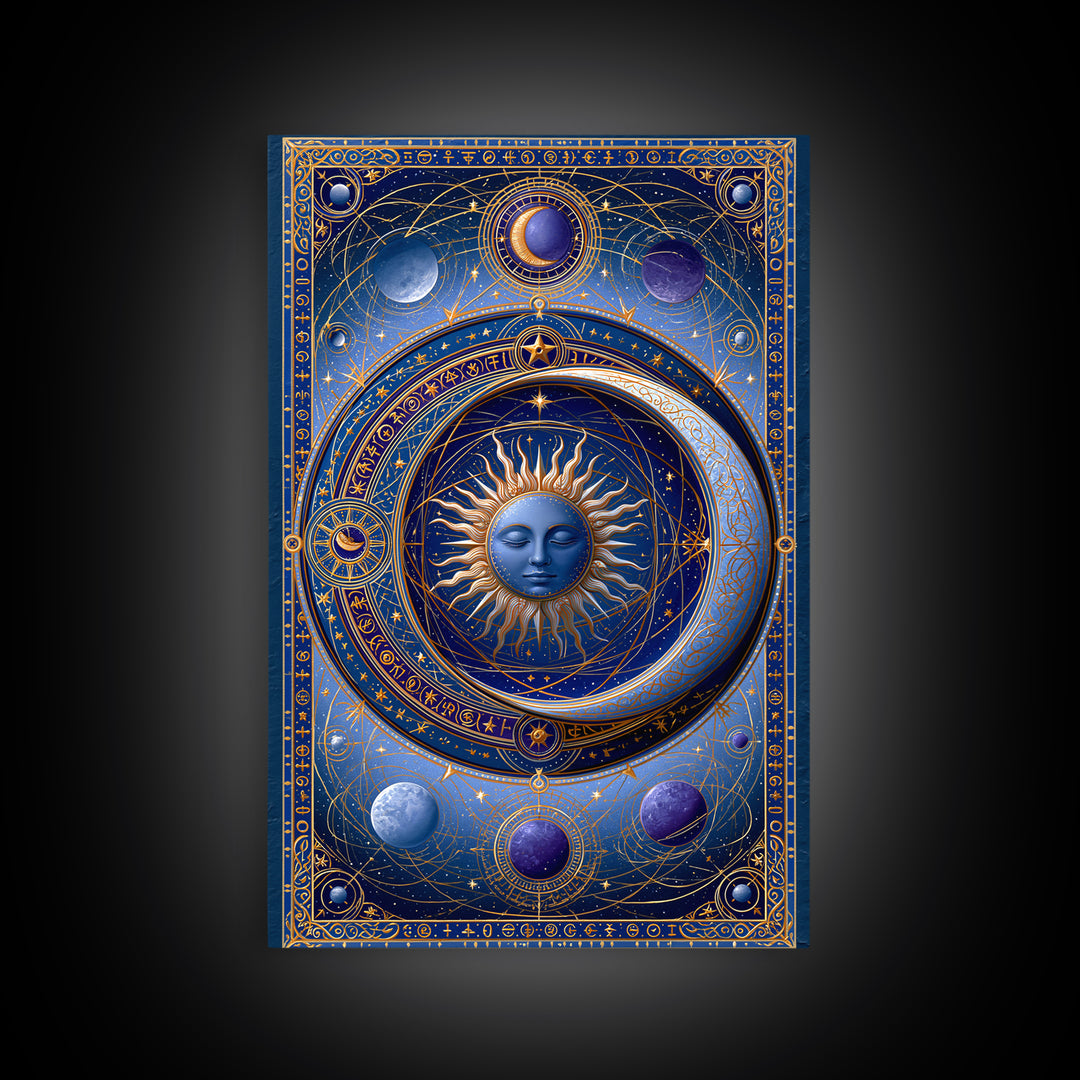 Sun and Moon Spiritual Balance Composition Framed Canvas Print, Spiritual Art, Boho Decor, Living Room Decor, Fine Art, Spirit, SPI-2x3-88
