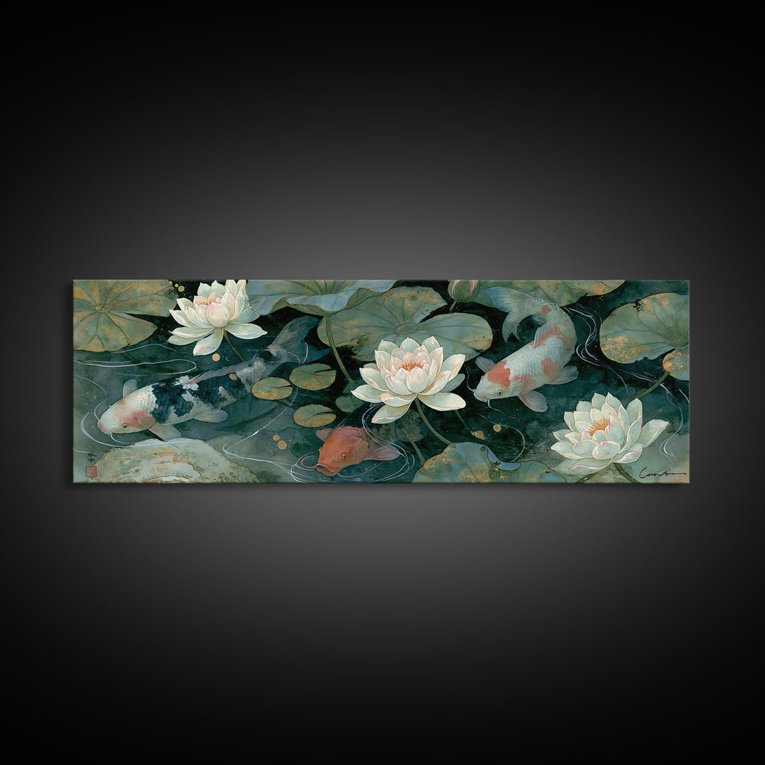 Lotus and Koi Framed Canvas Print, Spiritual Art, Canvas Wall Art, Living Room Decor, Fine Art, Spirit, Contemporary Art, SPI-3x1-10