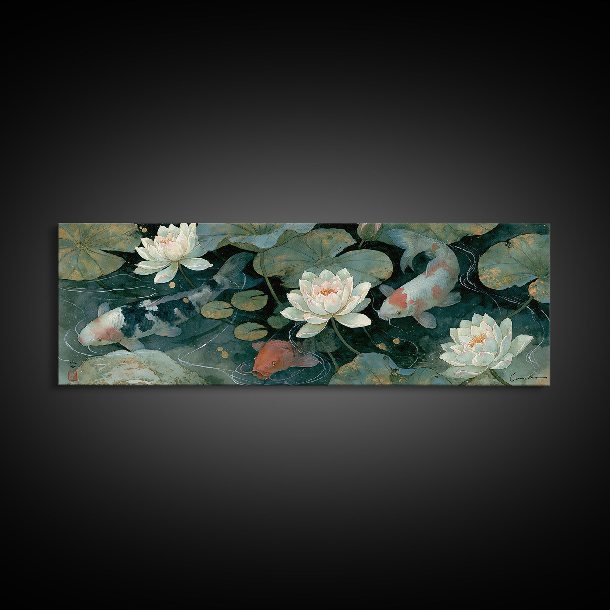 Lotus and Koi Framed Canvas Print, Spiritual Art, Canvas Wall Art, Living Room Decor, Fine Art, Spirit, Contemporary Art, SPI-3x1-10