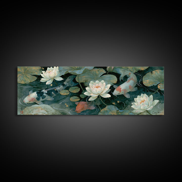 Lotus and Koi Framed Canvas Print, Spiritual Art, Canvas Wall Art, Living Room Decor, Fine Art, Spirit, Contemporary Art, SPI-3x1-10