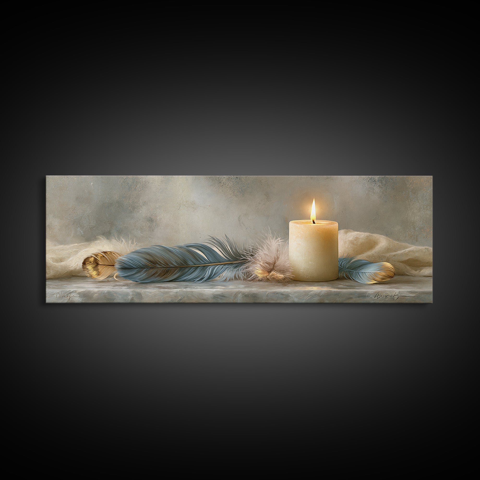 Candle and Feather Still Life Framed Canvas Print, Spiritual Art, Digital Poster, Living Room Decor, Fine Art, Spirit, SPI-3x1-12