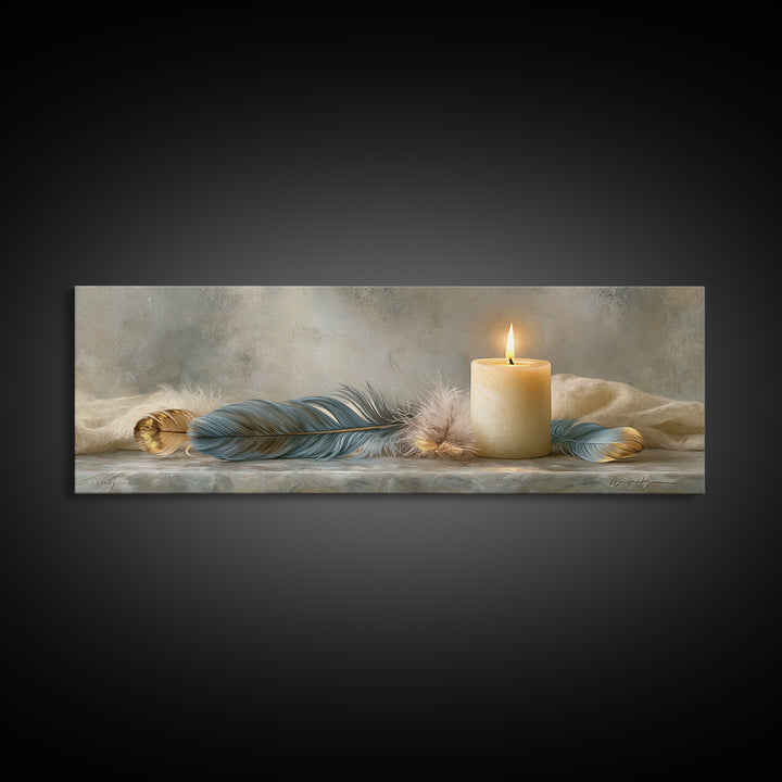 Candle and Feather Still Life Framed Canvas Print, Spiritual Art, Digital Poster, Living Room Decor, Fine Art, Spirit, SPI-3x1-12