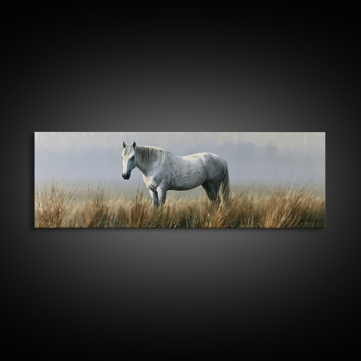 White Horse in Misty Sacred Landscape Framed Canvas Print, Spiritual Art, Abstract Wall Art, Living Room Decor, Spirit, SPI-3x1-2