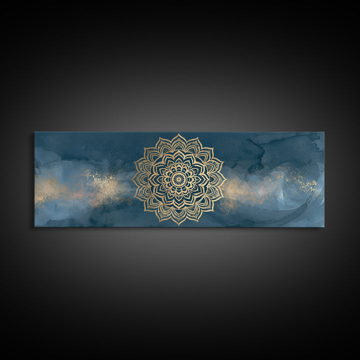 Gold Mandala on Deep Blue Background Canvas Print, Spiritual Art, Christian Decor, Living Room Decor, Fine Art, Spirit, SPI-3x1-20