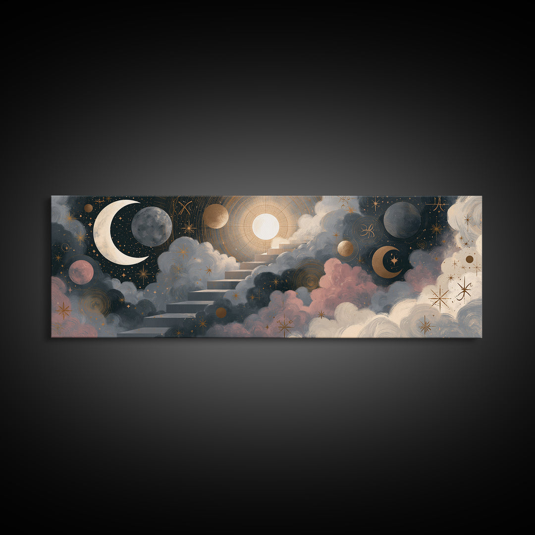 Celestial Staircase Through Clouds Canvas Print, Spiritual Art, Boho Decor, Living Room Decor, Fine Art, Spirit, Art Prints, SPI-3x1-33