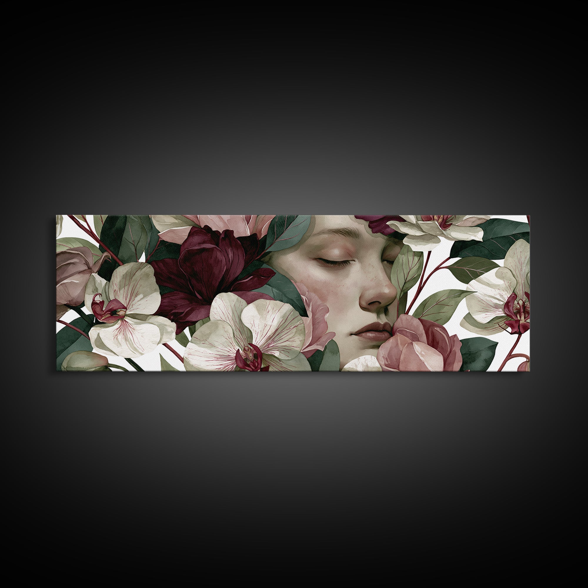 Serene Face with Closed Eyes and Flowers Canvas Print, Spiritual Art, Canvas Painting, Living Room Decor, Watercolor Art, SPI-3x1-4