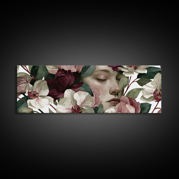 Serene Face with Closed Eyes and Flowers Canvas Print, Spiritual Art, Canvas Painting, Living Room Decor, Watercolor Art, SPI-3x1-4