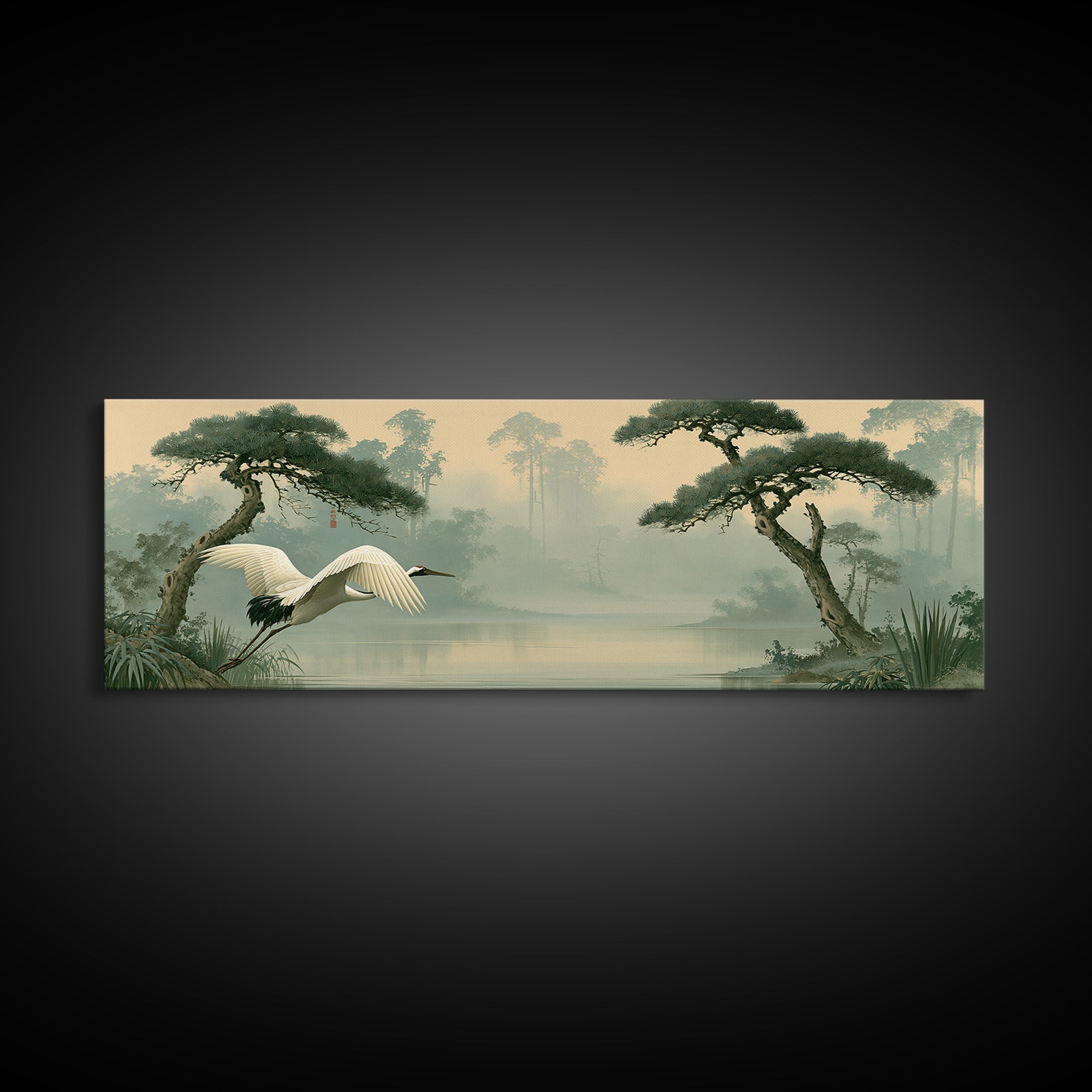 White Crane Flying Canvas Print, Spiritual Art, Fine Art Print, Living Room Decor, Oil Painting, Spirit, Digital Prints, SPI-3x1-40