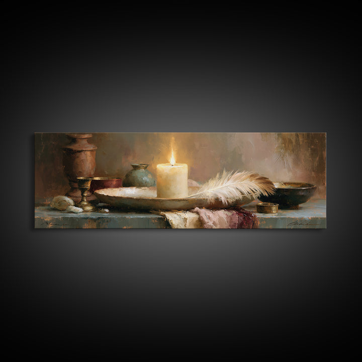 Candle and Feather Still Life Framed Canvas Print, Spiritual Art, Textured Painting, Living Room Decor, Fine Art, Spirit, SPI-3x1-60