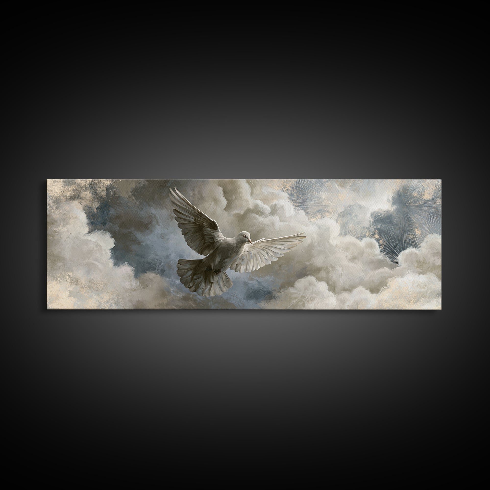 Dove Flying Through Radiant Clouds Framed Canvas Print, Spiritual Art, Art, Living Room Decor, Spirit, Canvas Wall Art, SPI-3x1-69