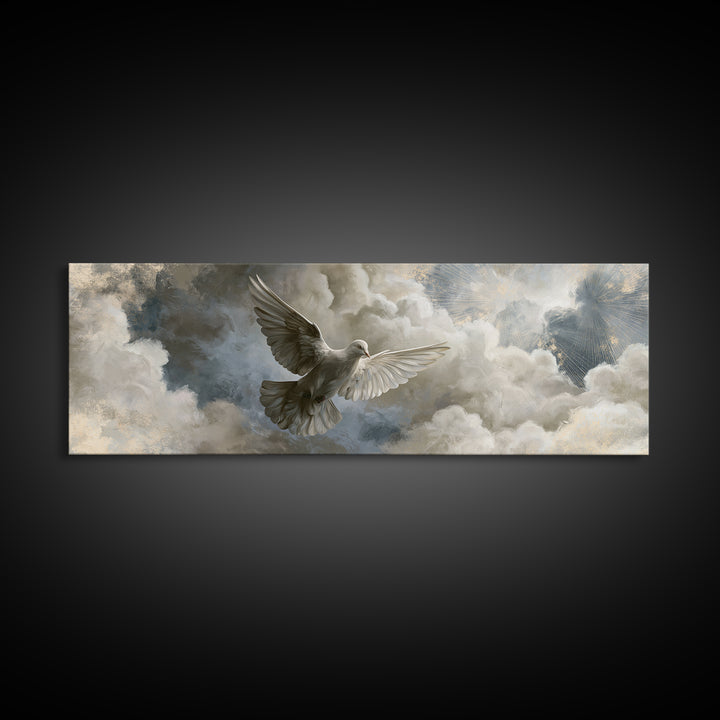 Dove Flying Through Radiant Clouds Framed Canvas Print, Spiritual Art, Art, Living Room Decor, Spirit, Canvas Wall Art, SPI-3x1-69