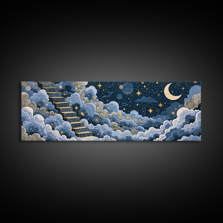 Celestial Staircase Through Clouds Framed Canvas Print, Spiritual Art, Wall Art, Living Room Decor, Fine Art, Spirit, SPI-3x1-81