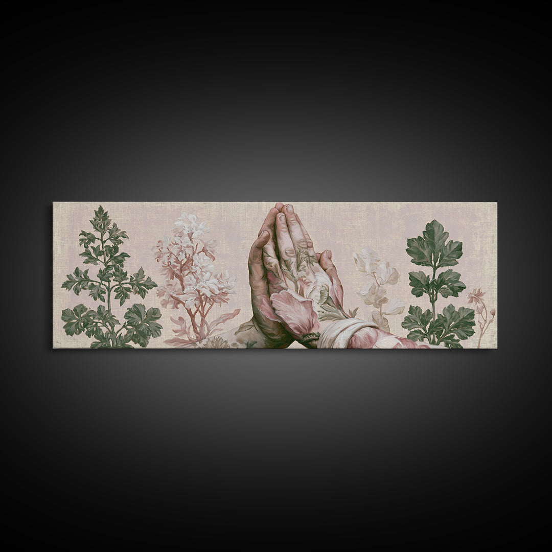 Prayer Hands with Botanical Details Canvas Print, Spiritual Art, Printable, Living Room Decor, Watercolor Art, Spirit, SPI-3x1-97