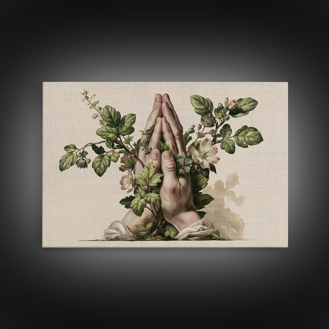 Prayer Hands with Botanical Details Framed Canvas Print, Spiritual Art, Living Room Decor, Watercolor Art, Spirit, SPI-3x2-13
