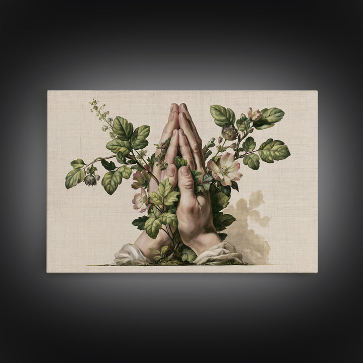 Prayer Hands with Botanical Details Framed Canvas Print, Spiritual Art, Living Room Decor, Watercolor Art, Spirit, SPI-3x2-13