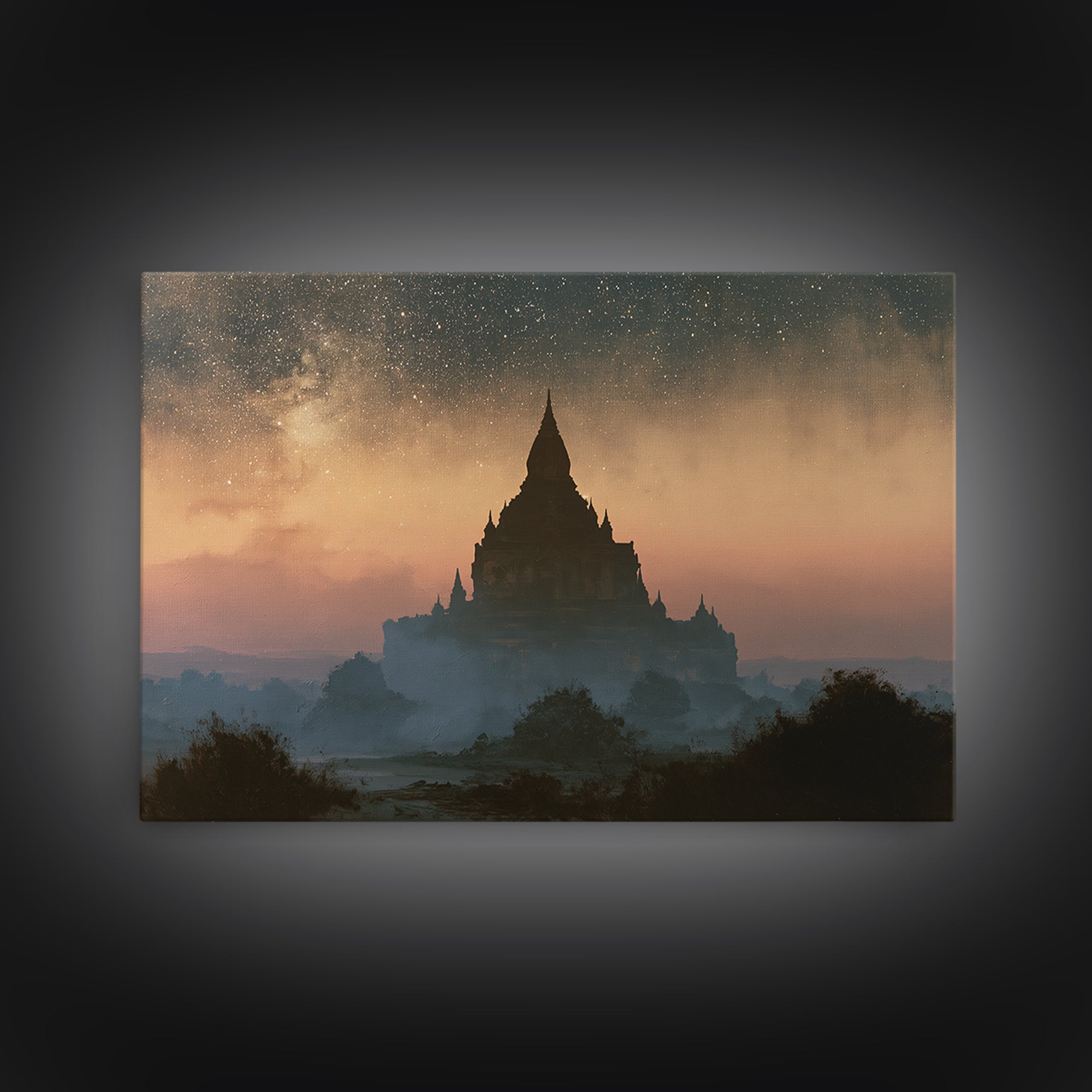Ancient Temple Silhouette Framed Canvas Print, Spiritual Art, Art Prints, Living Room Decor, Spirit, Abstract Wall Art, SPI-3x2-23