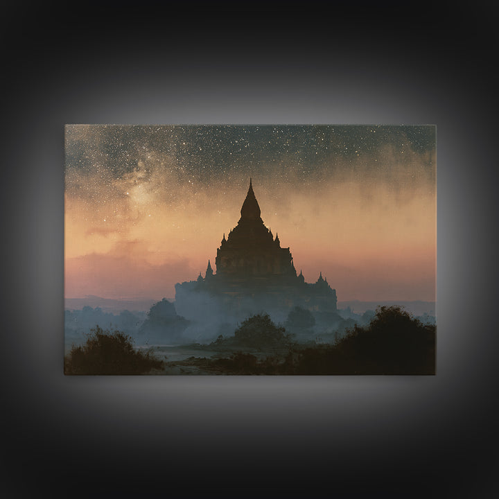 Ancient Temple Silhouette Framed Canvas Print, Spiritual Art, Art Prints, Living Room Decor, Spirit, Abstract Wall Art, SPI-3x2-23