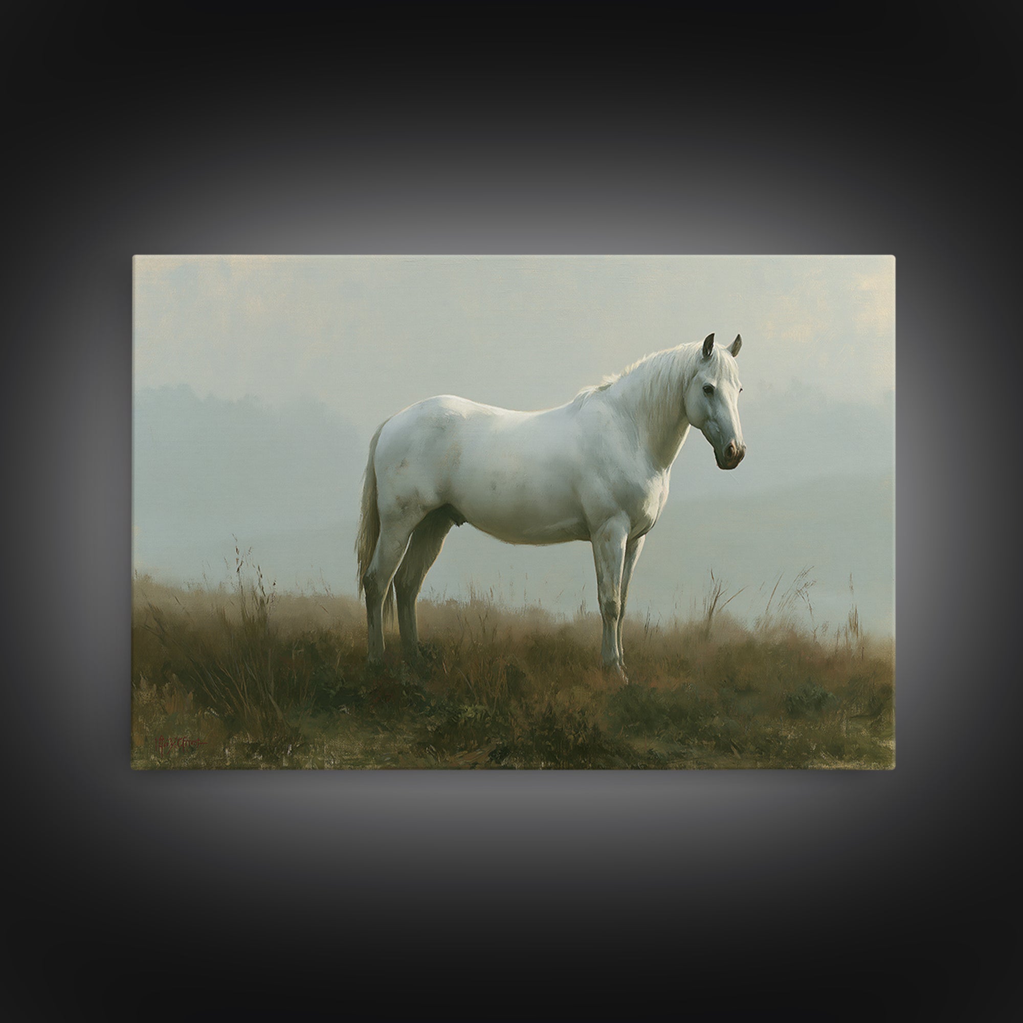 White Horse in Misty Sacred Landscape Canvas Print, Spiritual Art, Kids Room Art, Living Room Decor, Fine Art, Spirit, SPI-3x2-38