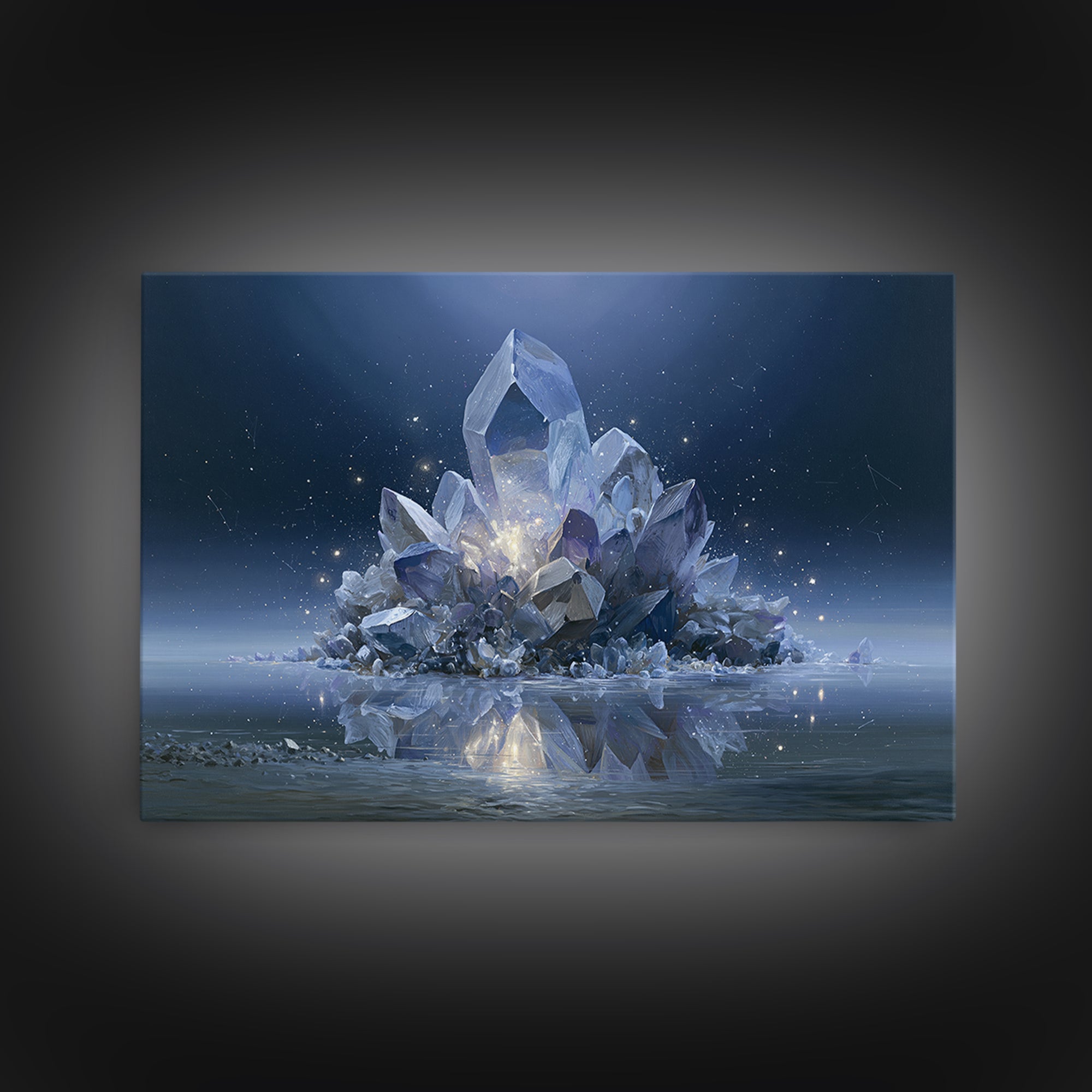 Crystal Cluster with Moonlight Reflections Framed Canvas Print, Spiritual Art, Living Room Decor, Watercolor Art, Spirit, SPI-3x2-41