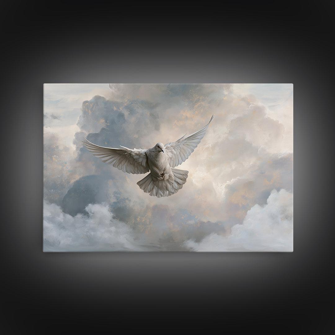 Dove Flying Through Radiant Clouds Canvas Print, Spiritual Art, Poster, Living Room Decor, Fine Art, Spirit, Framed Wall Art, SPI-3x2-57