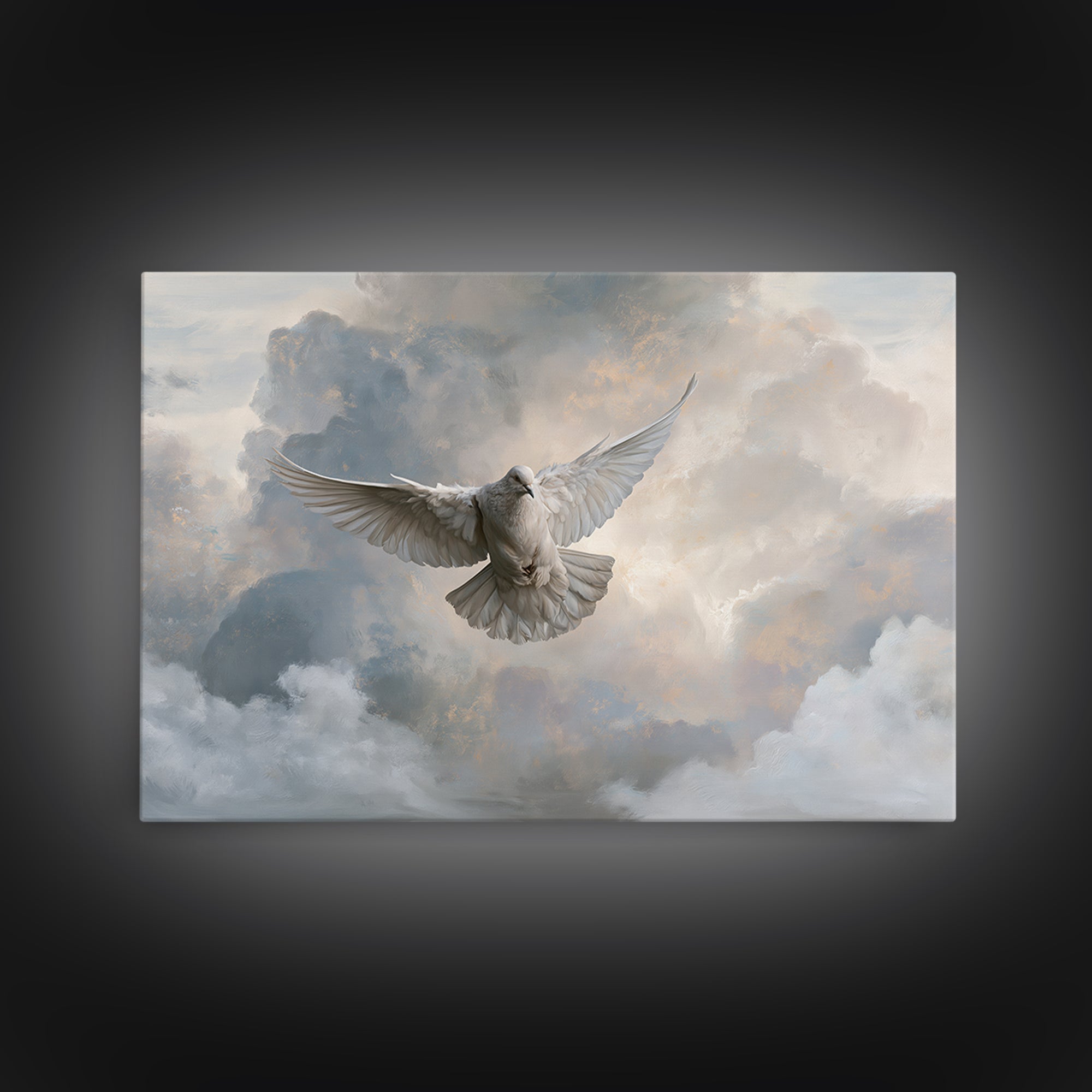 Dove Flying Through Radiant Clouds Canvas Print, Spiritual Art, Poster, Living Room Decor, Fine Art, Spirit, Framed Wall Art, SPI-3x2-57