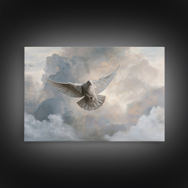Dove Flying Through Radiant Clouds Canvas Print, Spiritual Art, Poster, Living Room Decor, Fine Art, Spirit, Framed Wall Art, SPI-3x2-57