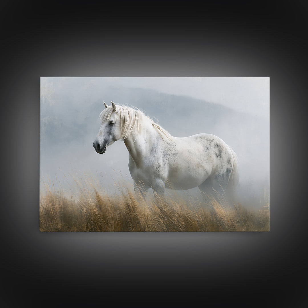 White Horse in Misty Sacred Landscape Canvas Print, Spiritual Art, Kids Room Art, Living Room Decor, Fine Art, Spirit, SPI-3x2-62