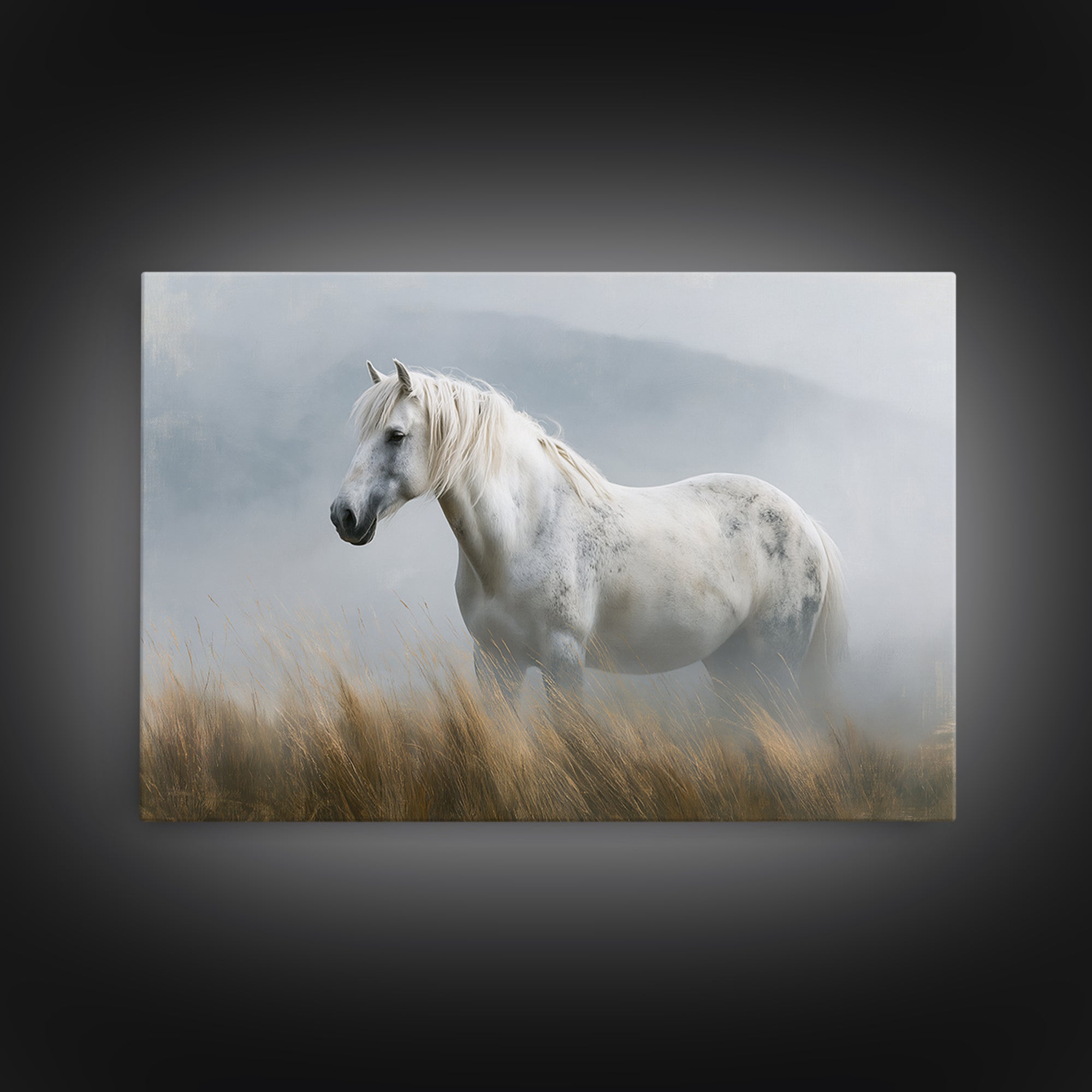 White Horse in Misty Sacred Landscape Canvas Print, Spiritual Art, Kids Room Art, Living Room Decor, Fine Art, Spirit, SPI-3x2-62